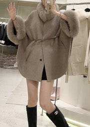 Boutique Light Camel Fur Collar Patchwork Cape Coat Winter