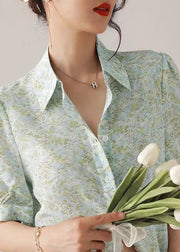 Boutique Light Green Print Cotton Shirt Tops Summer