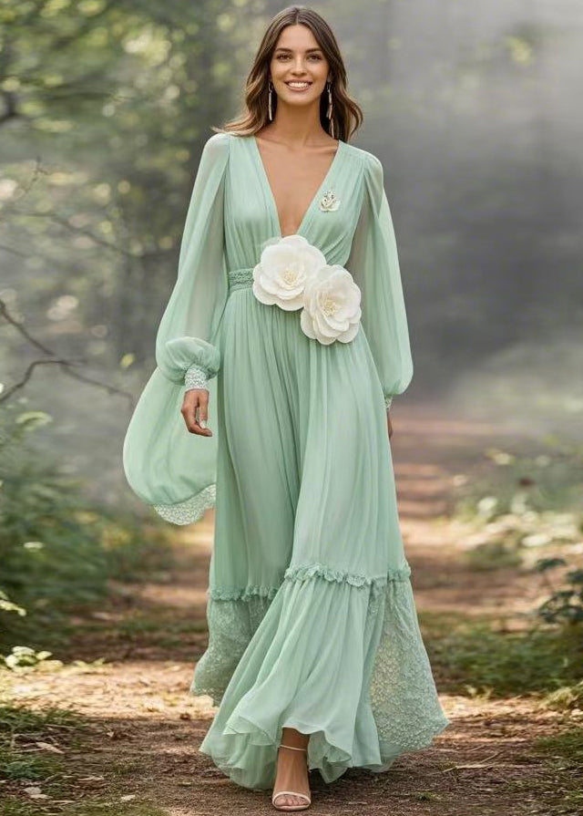 Boutique Light Green Ruffled Floral Patchwork Chiffon Maxi Dresses Spring