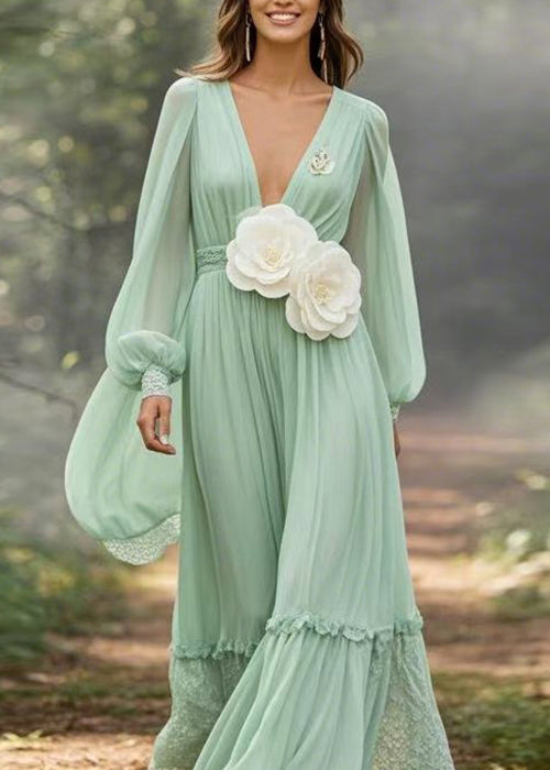 Boutique Light Green Ruffled Floral Patchwork Chiffon Maxi Dresses Spring