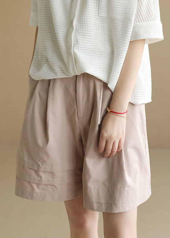 Boutique Light Pink Elastic Waist Wrinkled Pockets Cotton Shorts Summer