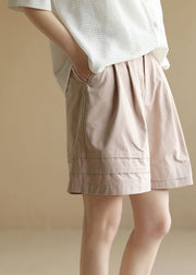 Boutique Light Pink Elastic Waist Wrinkled Pockets Cotton Shorts Summer