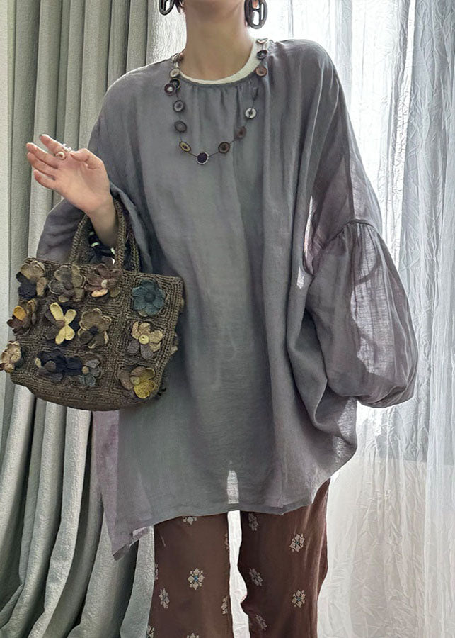 Boutique Loose Grey O Neck Linen Top Lantern Sleeve