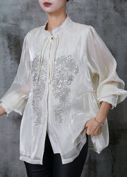 Boutique Milk White Sequins Chiffon Oriental Shirts Summer