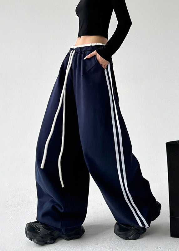 Boutique Navy Blue Drawstring Elastic Waist Wide Leg Pants Spring