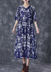 Boutique Navy Cinched Print Linen Vacation Dresses Summer