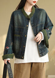 Boutique Navy Embroidered Patchwork Denim Coat Spring