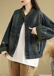 Boutique Navy Embroidered Patchwork Denim Coat Spring