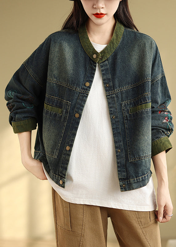 Boutique Navy Embroidered Patchwork Denim Coat Spring