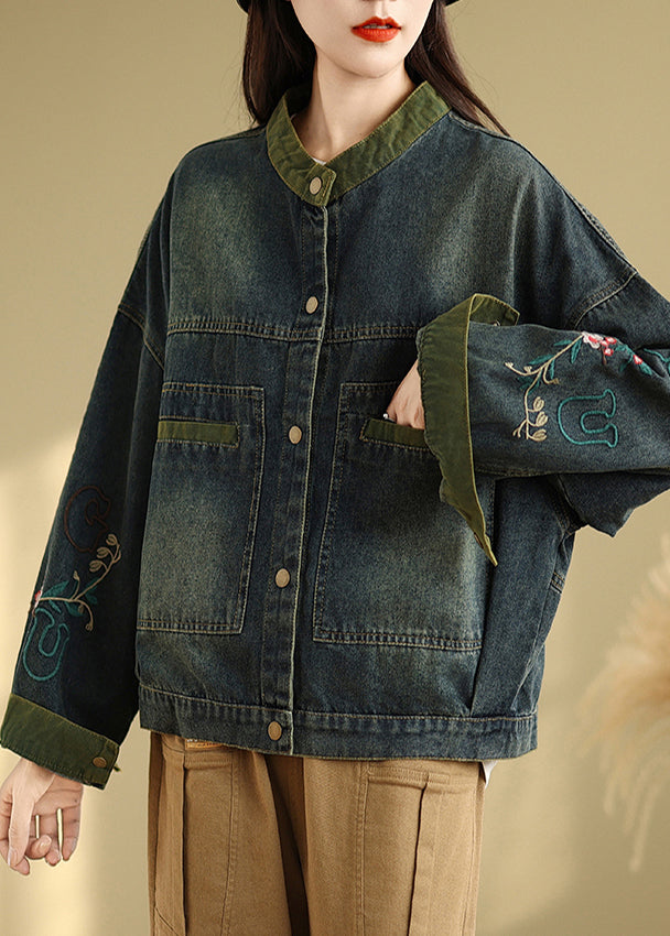 Boutique Navy Embroidered Patchwork Denim Coat Spring