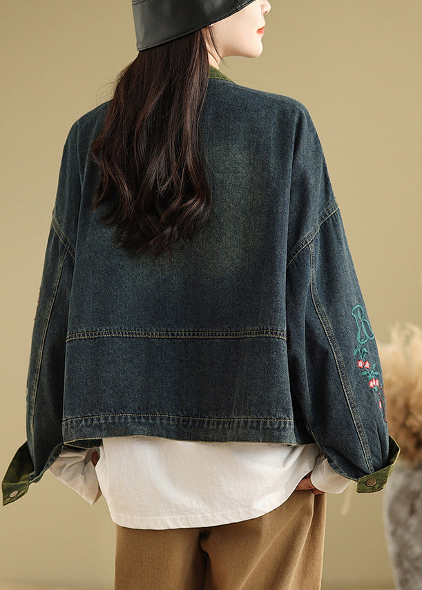 Boutique Navy Embroidered Patchwork Denim Coat Spring