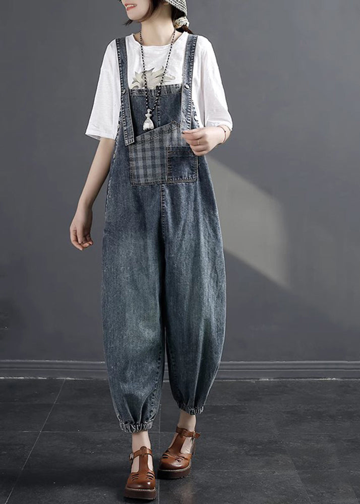 Boutique Navy Oversized Patchwork Denim Strap Jumpsuit Spring