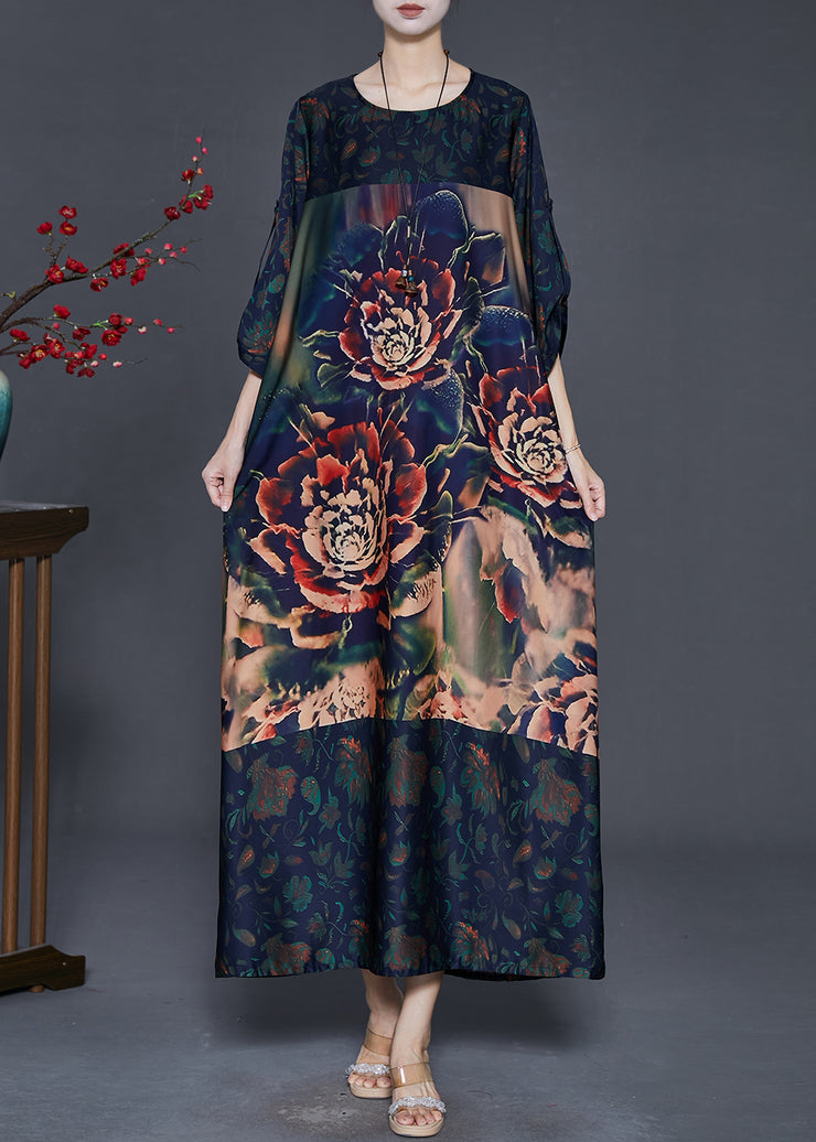 Boutique Navy Oversized Print Silk Long Dress Spring