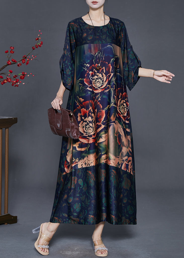 Boutique Navy Oversized Print Silk Long Dress Spring