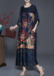 Boutique Navy Oversized Print Silk Long Dress Spring