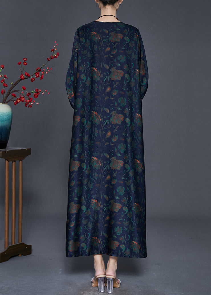 Boutique Navy Oversized Print Silk Long Dress Spring