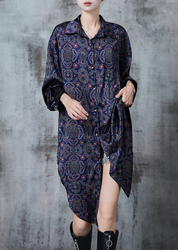 Boutique Navy Oversized Print Silk Shift Dress Spring