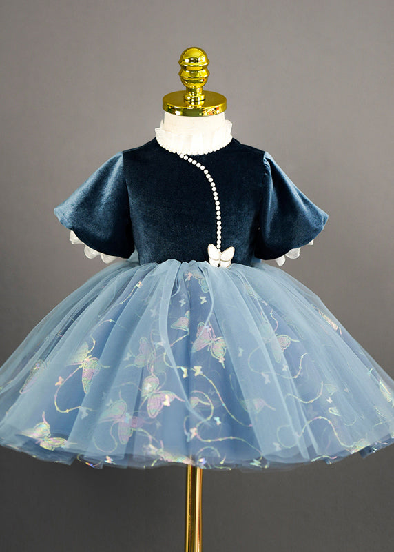 Boutique Navy Patchwork Tulle Girls Long Dresses Short Sleeve