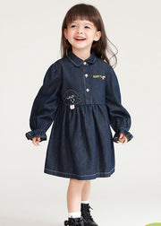 Boutique Navy Peter Pan Collar Graphic Patchwork Button Girls Denim Mid Dresses Lantern Sleeve