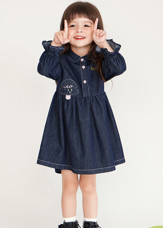 Boutique Navy Peter Pan Collar Graphic Patchwork Button Girls Denim Mid Dresses Lantern Sleeve