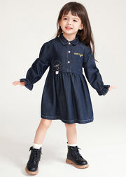 Boutique Navy Peter Pan Collar Graphic Patchwork Button Girls Denim Mid Dresses Lantern Sleeve