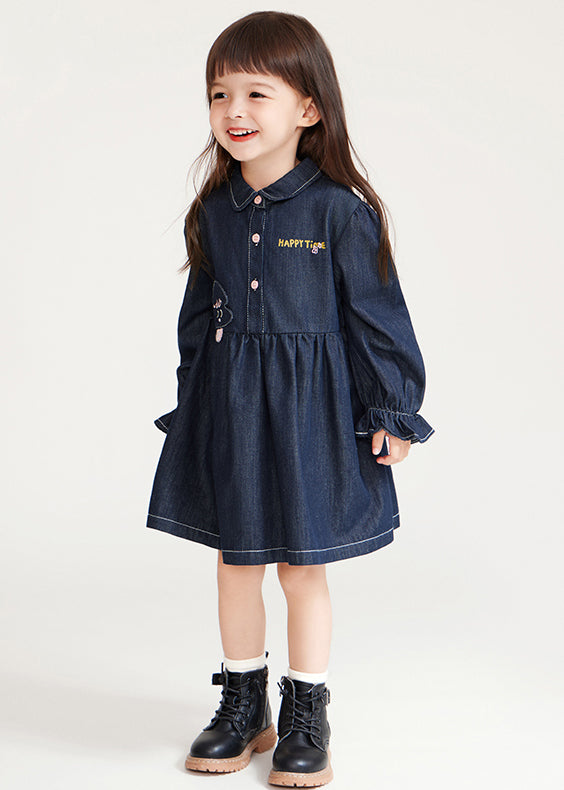 Boutique Navy Peter Pan Collar Graphic Patchwork Button Girls Denim Mid Dresses Lantern Sleeve