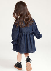 Boutique Navy Peter Pan Collar Graphic Patchwork Button Girls Denim Mid Dresses Lantern Sleeve