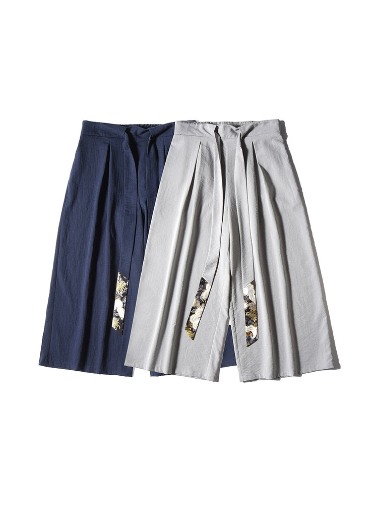Boutique Navy Pockets Ribbon Patchwork Cotton Mens Pants Summer