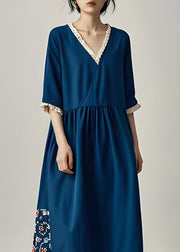 Boutique Navy V Neck Ruffled Patchwork Cotton Long Dress Summer