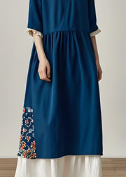 Boutique Navy V Neck Ruffled Patchwork Cotton Long Dress Summer