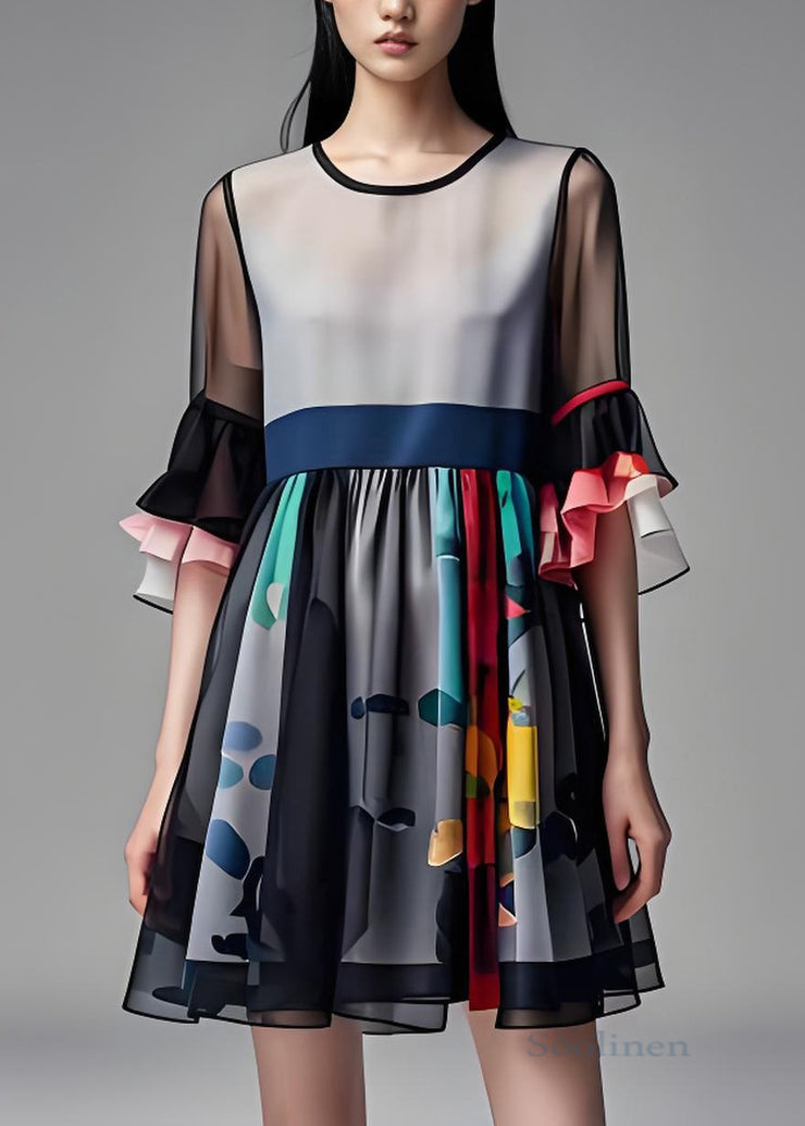 Boutique O Neck Print Patchwork Chiffon Mid Dresses Summer