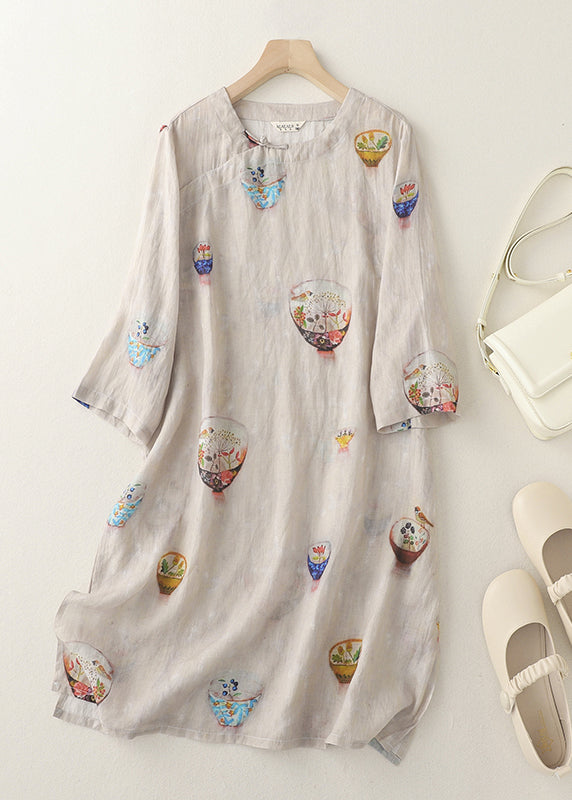 Boutique O Neck Print Side Open Linen Dress Bracelet Sleeve