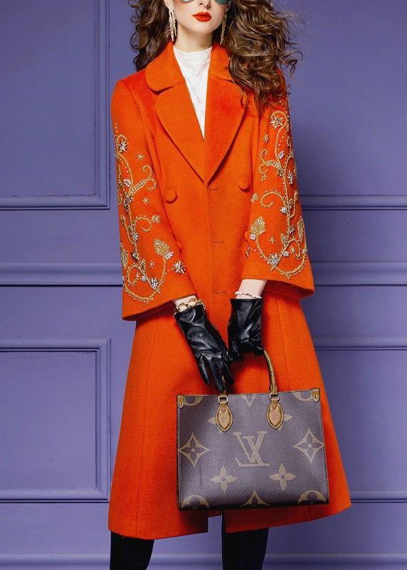 Boutique Orange Embroideried Tie Waist Patchwork Woolen Long Coat Fall