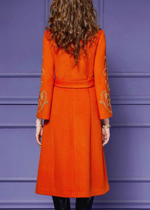 Boutique Orange Embroidered Tie Waist Patchwork Woolen Long Coat Fall