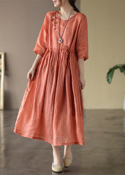 Boutique Orange O-Neck Cinched Patchwork Solid Linen Long Dress Summer