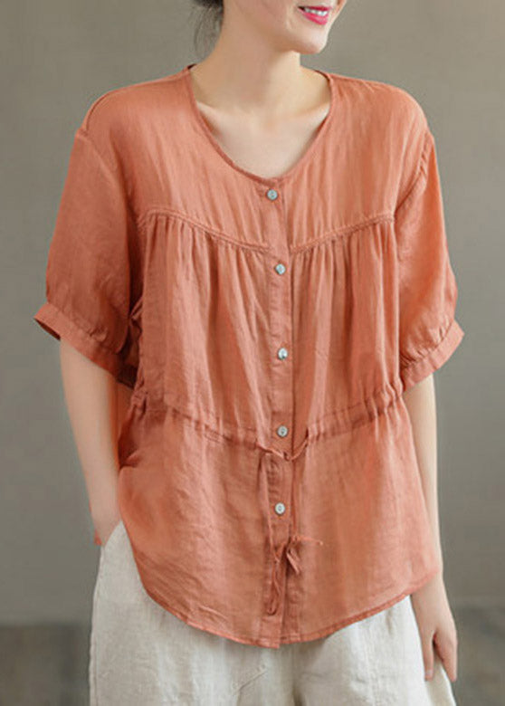 Boutique Orange O-Neck Drawstring Button Linen Short Sleeve