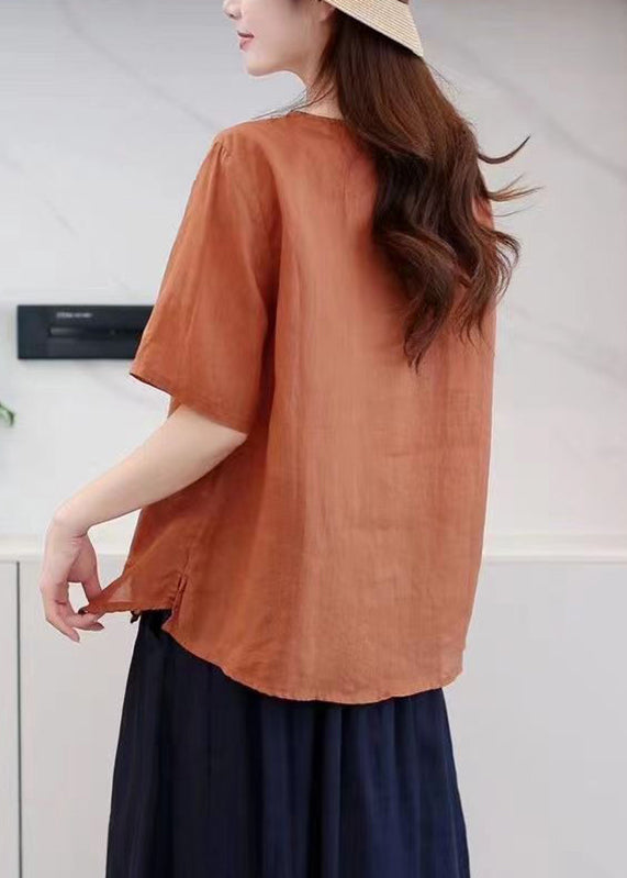 Boutique Orange O-Neck Embroidered Low High Design Ramie T Shirt Summer