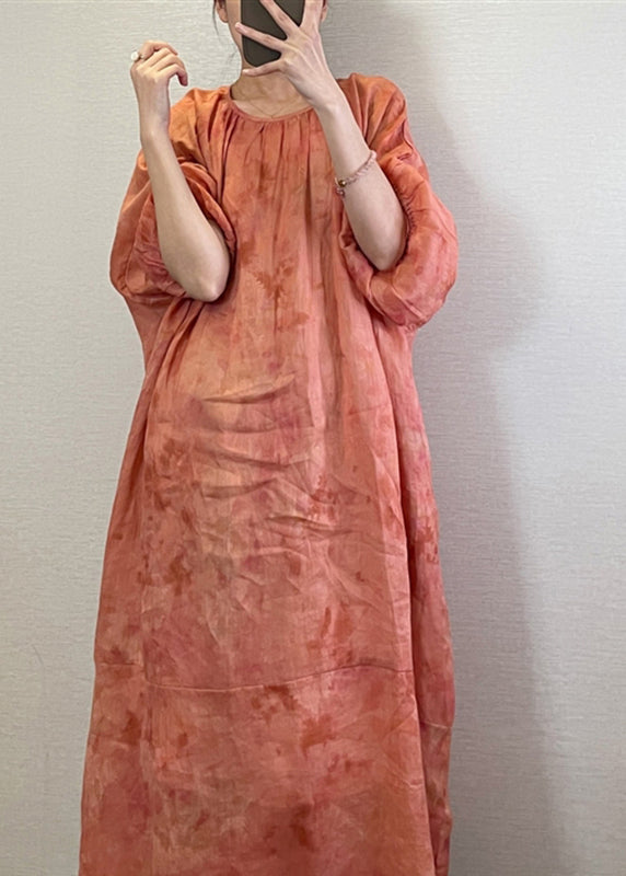 Boutique Orange O-Neck Print Maxi Dresses Long Sleeve
