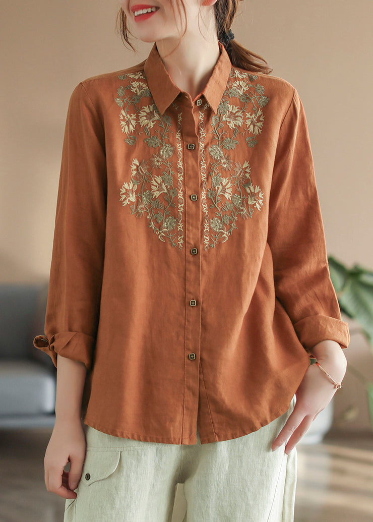Boutique Orange Peter Pan Collar Embroidered Linen Top Long Sleeve