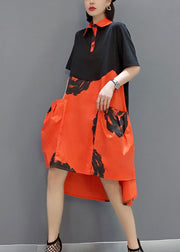 Boutique Orange Peter Pan Collar Patchwork Print Cotton Robe Dresses Short Sleeve