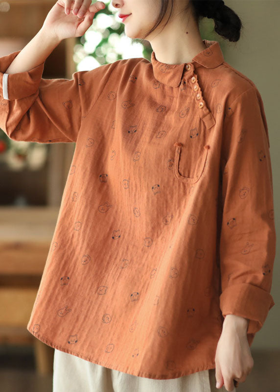 Boutique Orange Peter Pan Collar Print Button Cotton Tops Long Sleeve