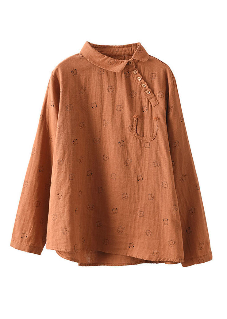 Boutique Orange Peter Pan Collar Print Button Cotton Tops Long Sleeve