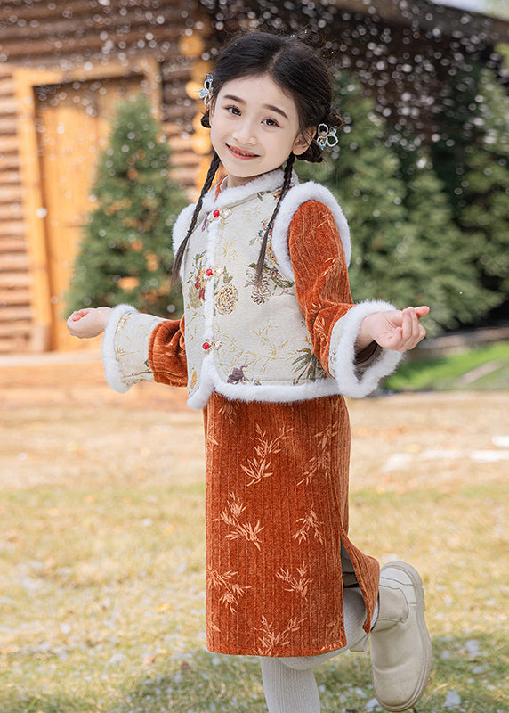 Boutique Orange Print Warm Fleece Girls Waistcoat And Maxi Dress Two Pieces Set Winter