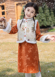 Boutique Orange Print Warm Fleece Girls Waistcoat And Maxi Dress Two Pieces Set Winter