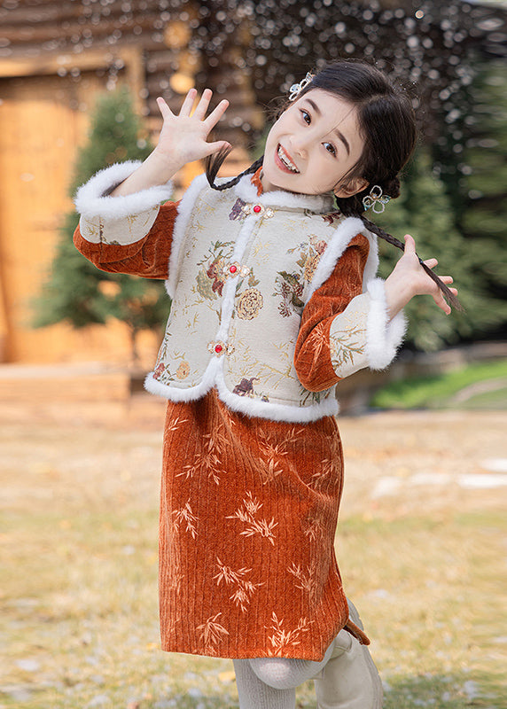 Boutique Orange Print Warm Fleece Girls Waistcoat And Maxi Dress Two Pieces Set Winter