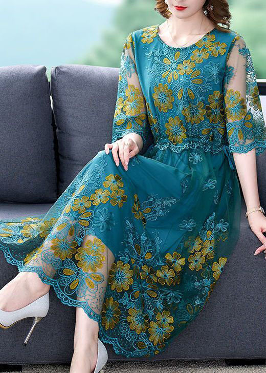 Boutique Peacock Blue Embroideried Slim Fit Tulle Dress Half Sleeve