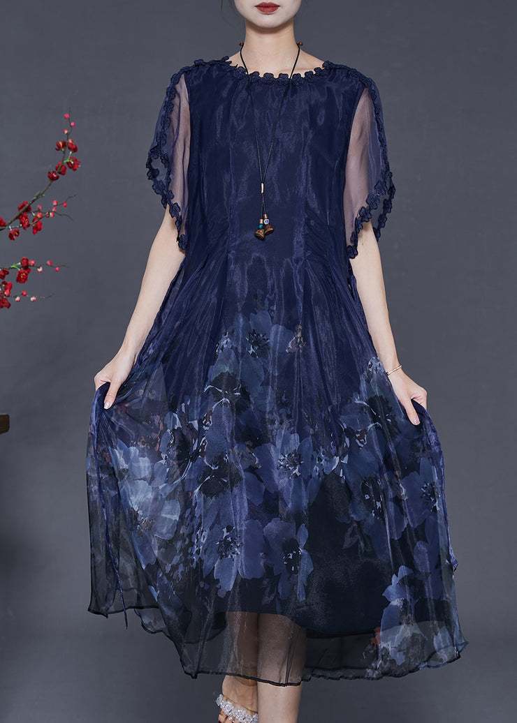 Boutique Peacock Blue Print Hollow Out Silk Dresses Summer