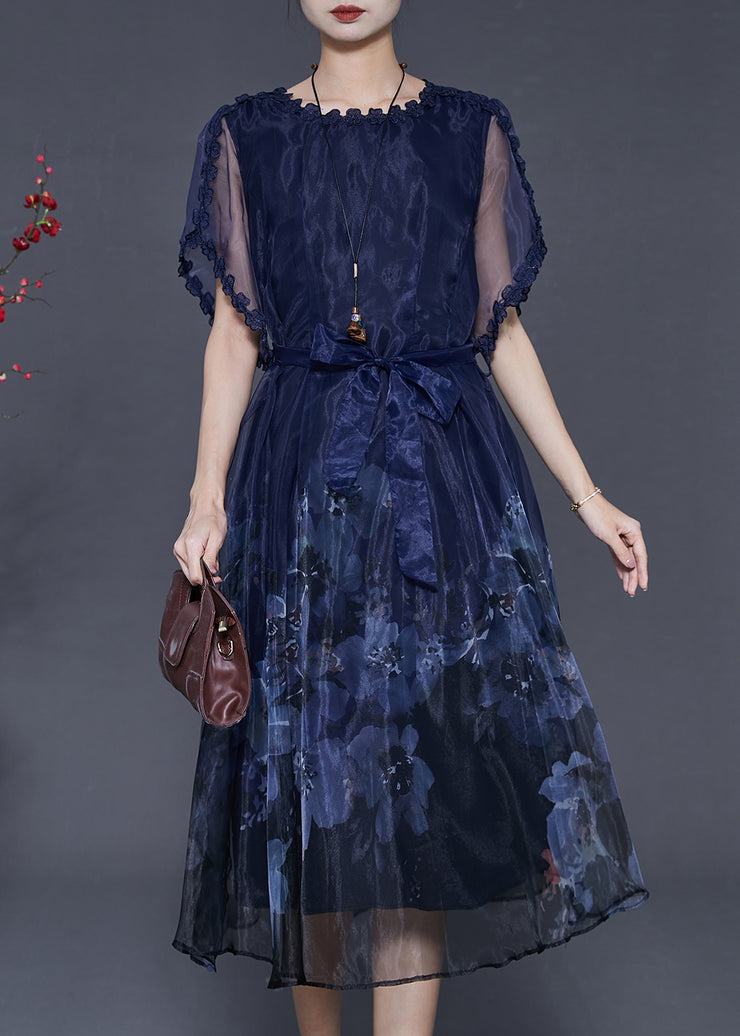 Boutique Peacock Blue Print Hollow Out Silk Dresses Summer