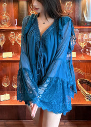 Boutique Peacock Blue V Neck Patchwork Lace Top Flare Sleeve