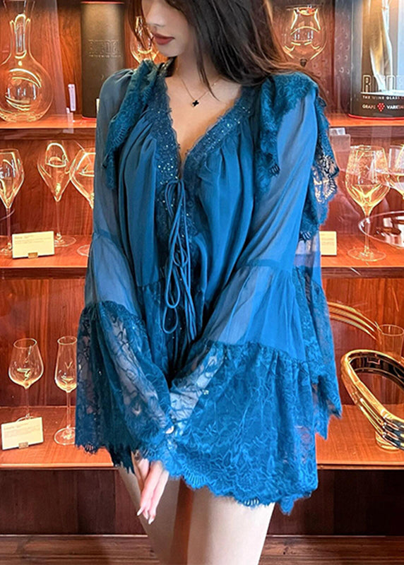 Boutique Peacock Blue V Neck Patchwork Lace Top Flare Sleeve